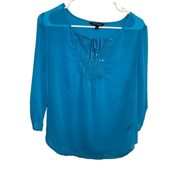 Express Sheer Blouse Peacock Blue Sequins - Picture 1 of 14